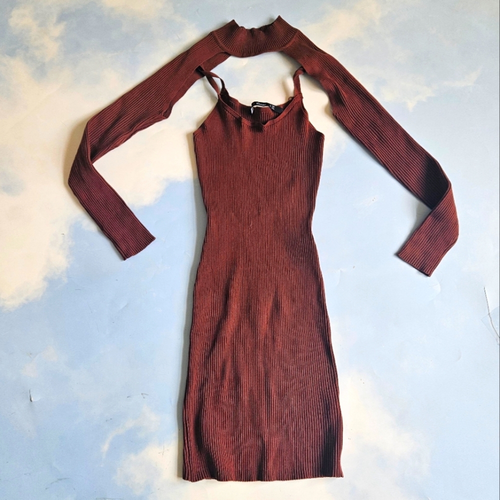Brown Knit Mini Dress With Attached Shrug Long Sleeve Brown Mini Dress Sexy